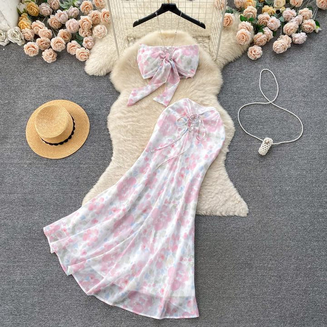 Women Halter Sleeveless Top And Floral Printed Hip Skirts Set Clothing Wholesale