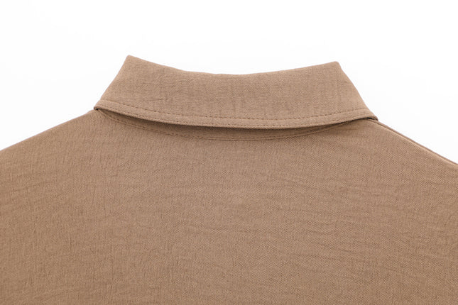 Turn Down Collar Khaki Color Long Sleeve Buttons up Casual Fashion Tops Blouse for Women