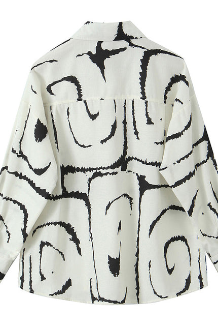 Beige Black Color Print Long Sleeve Buttons up Turn Down Collar Casual Fashion Tops Blouse for Women