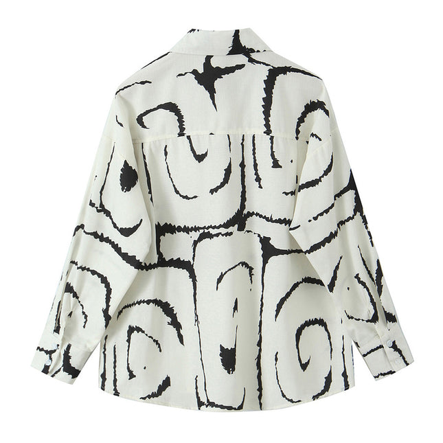 Beige Black Color Print Long Sleeve Buttons up Turn Down Collar Casual Fashion Tops Blouse for Women