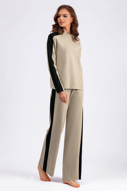 Autumn/winter Cross Border Half High Neck Sweater Contrast Splice Cropped Pants Fashion Women's Two Piece Set