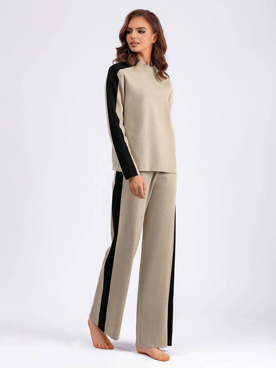 Autumn/winter Cross Border Half High Neck Sweater Contrast Splice Cropped Pants Fashion Women's Two Piece Set
