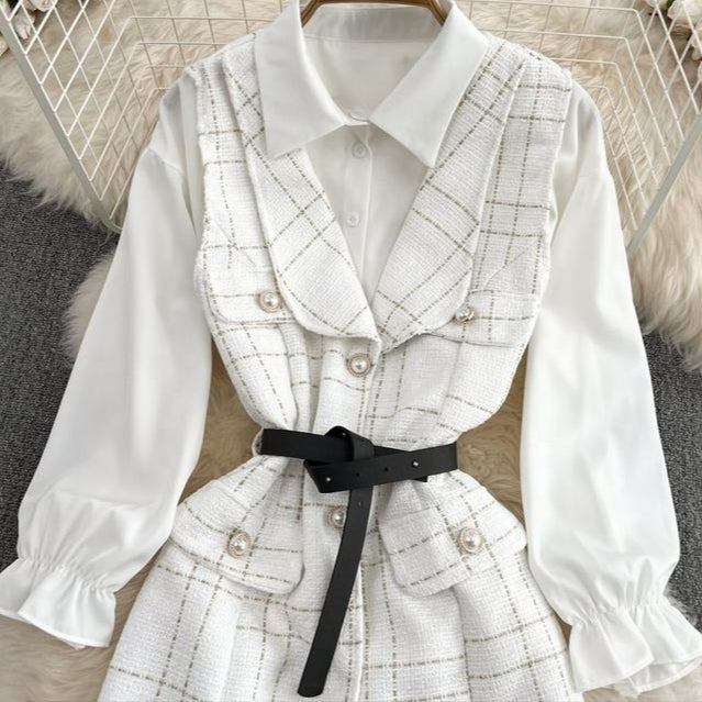 Women'S Long Single-Breasted Tweed Vest Jacket Loose White Shirt Two Piece Set