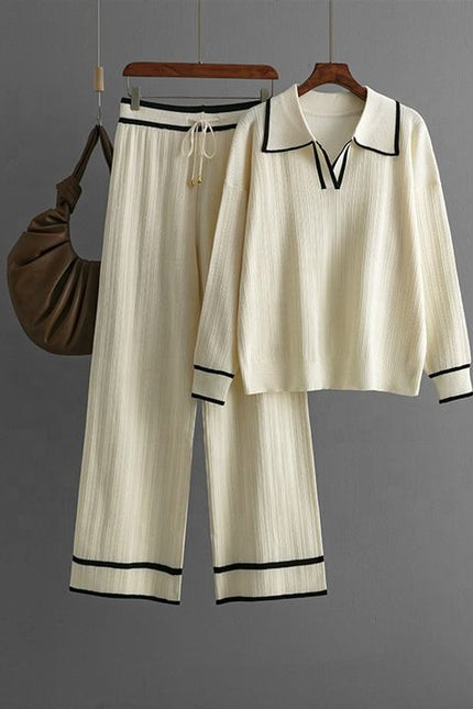 Women Two Piece Set Fashion Casual Loose Suit Polo Neck Tops+high Waist Pant Set