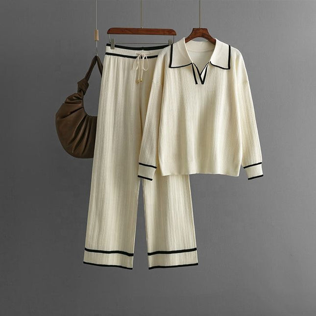 Women Two Piece Set Fashion Casual Loose Suit Polo Neck Tops+high Waist Pant Set