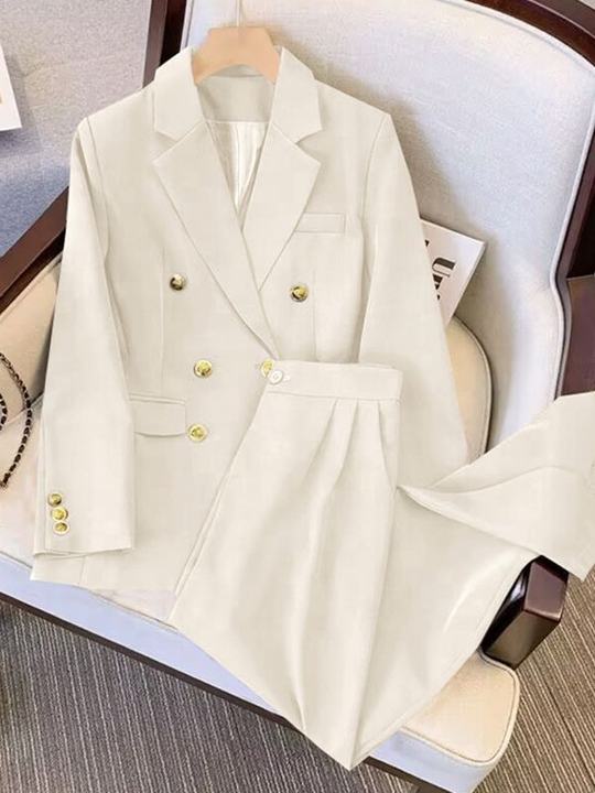 Fashionable Women Two Piece Set Coat + Pants Suits Solid Color Suit Coat Blazer Pants Set Spring Autumn Lady Office Casual Suits