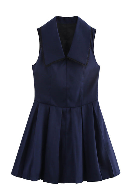 Turn Down Collar Navy Color Sleeveless Casual Fashion Summer Mini Dress for Women