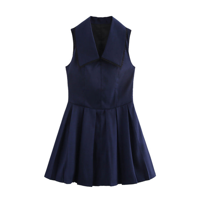 Turn Down Collar Navy Color Sleeveless Casual Fashion Summer Mini Dress for Women