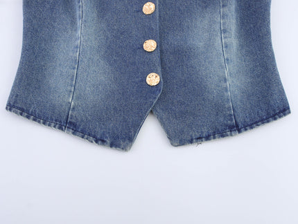Crew Neck Single Breasted Denim Blue Color Hot Sale Casual Fashion Vest Waistcoat for Women