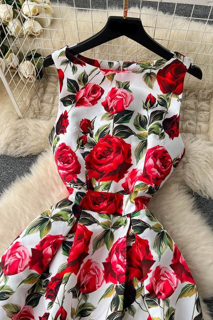 Estilo retro vestido estampado para mulheres no verão com uma cintura plissada a linha em torno do pescoço saia sem mangas