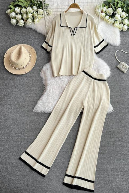 2024 New Fashion Set Style Contrast Color Short Sleeved Knitted Shirt+High Waist Slim Wide Leg Pants Set of Two