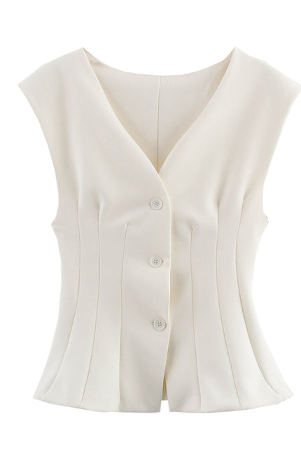 V Neck Buttons up Beige Color Sleeveless Casual Fashion Vest Waistcoat for Women