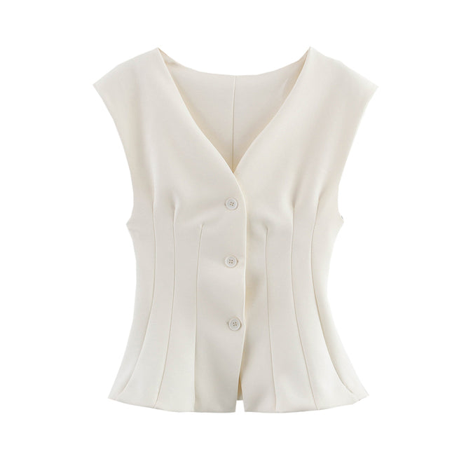 V Neck Buttons up Beige Color Sleeveless Casual Fashion Vest Waistcoat for Women