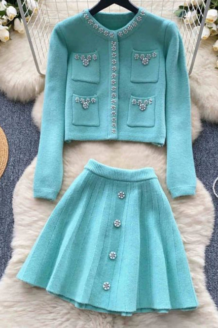 New Women Knit Two Piece Sets Short Sweater Cardigan Skirt Set Elegant Office Party Two Pieces