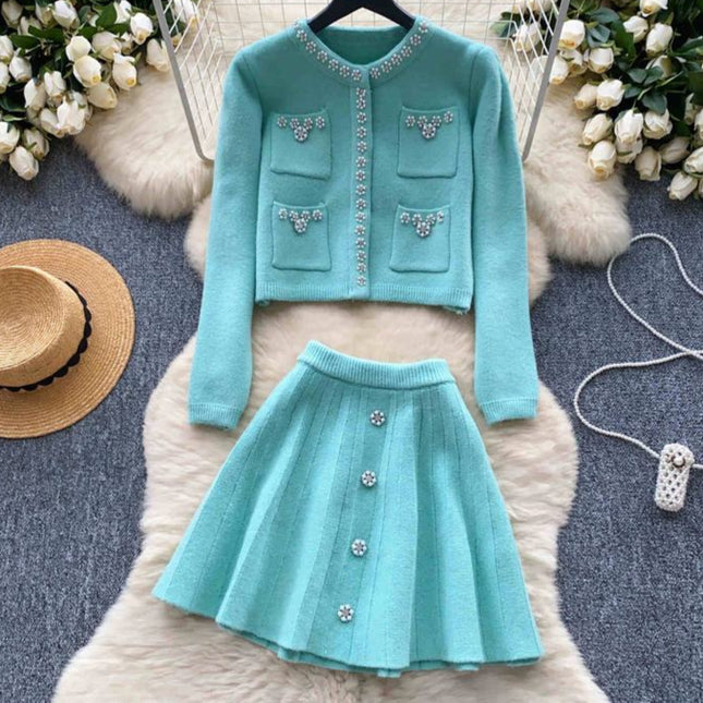 New Women Knit Two Piece Sets Short Sweater Cardigan Skirt Set Elegant Office Party Two Pieces