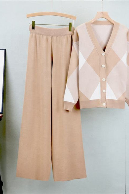 Autumn Fashion Loose Casual Knitted Cardigan Set Wide Leg Trousers and Knitted Cardigan Two-piece Set Female
