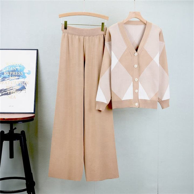Autumn Fashion Loose Casual Knitted Cardigan Set Wide Leg Trousers and Knitted Cardigan Two-piece Set Female