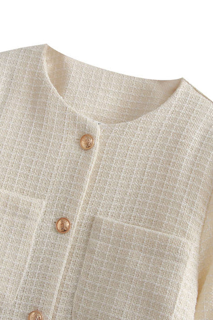 2023 Design Beige Color Crew Neck Single Breasted Front Pockets Long Sleeve Casual Tweed Jacket for Women