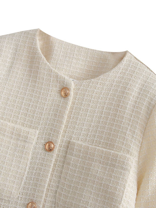 2023 Design Beige Color Crew Neck Single Breasted Front Pockets Long Sleeve Casual Tweed Jacket for Women