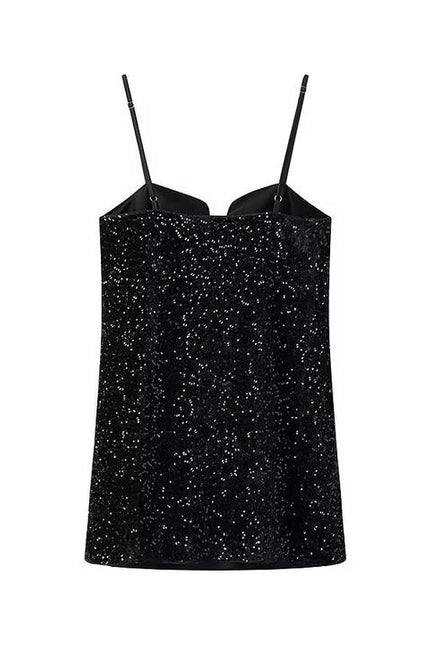 Spaghetti Strap Front Bow Tie Black Color Sequin Casual Fashion Summer Mini Dress for Women