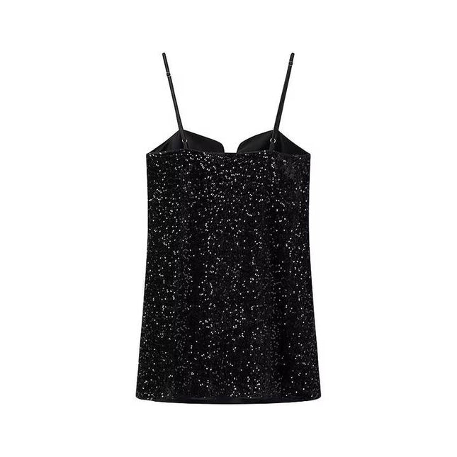 Spaghetti Strap Front Bow Tie Black Color Sequin Casual Fashion Summer Mini Dress for Women