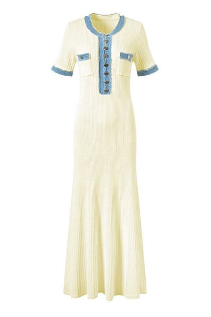 French Fashion Summer Models Denim Splicing Collision Color Knitted Dress Slim Long Dresses for Women