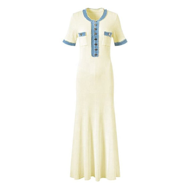 French Fashion Summer Models Denim Splicing Collision Color Knitted Dress Slim Long Dresses for Women