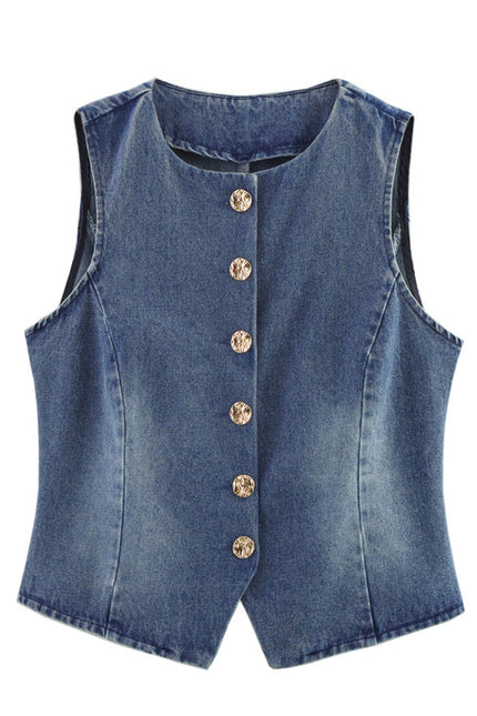 Crew Neck Single Breasted Denim Blue Color Hot Sale Casual Fashion Vest Waistcoat for Women