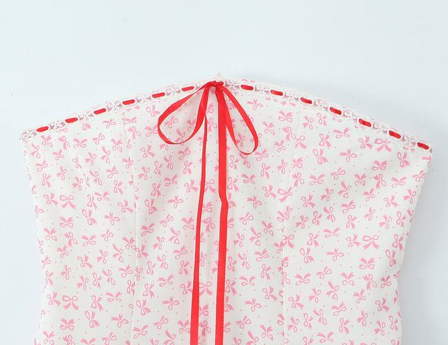 Floral Print pink Color Front Lace up Strapless Casual Fashion Summer Mini Dress for Women
