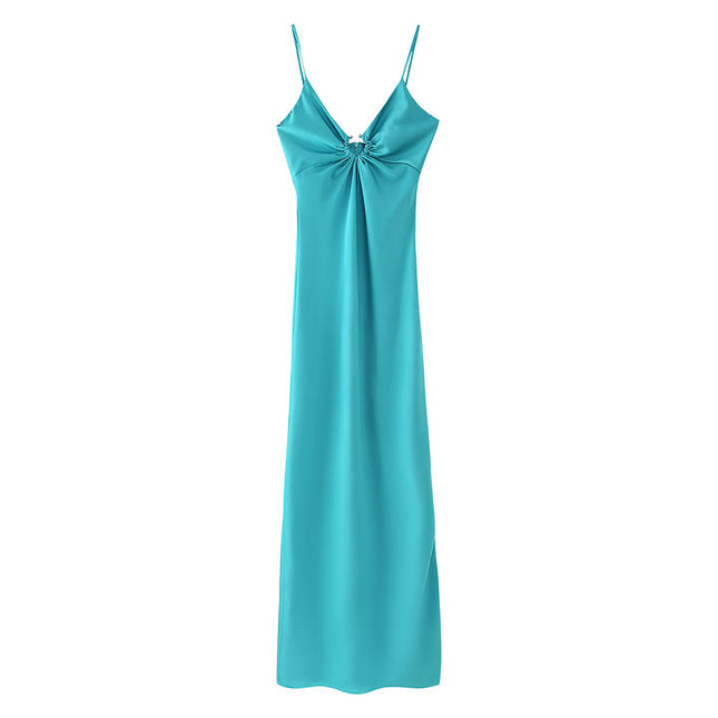 2 Colorway Spaghetti Strap Solid Color Front Pleated Casual Fashion Maxi slip Dress for Ladies