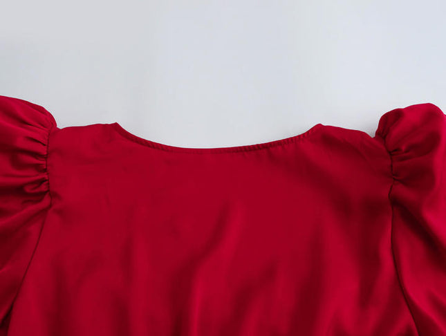 Square Collar Short Sleeve Buttons up Red Color Casual Fashion Oversize Maxi Dress for Ladies