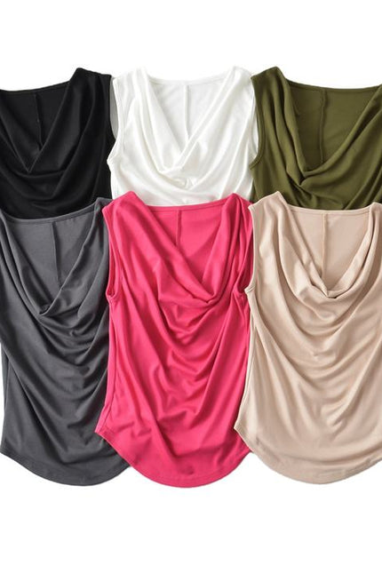 6 Colorway Drop Collar Solid Color Pleated Casual Fashion Women tank Top Vest