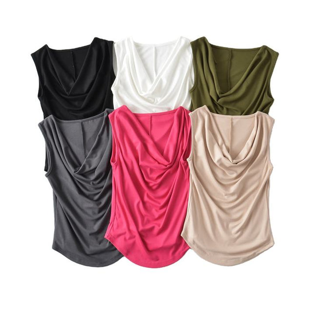 6 Colorway Drop Collar Solid Color Pleated Casual Fashion Women tank Top Vest