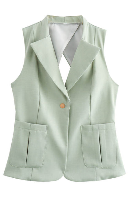 Back Hollow Out Single Button Notched Collar Vest Green Color Pants Casual Women 2 Piece Set