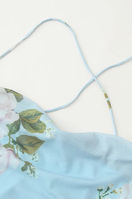 Blue Color Back Hollow Out Floral Print Spaghetti Strap Casual Fashion Mini slip Dress for Women