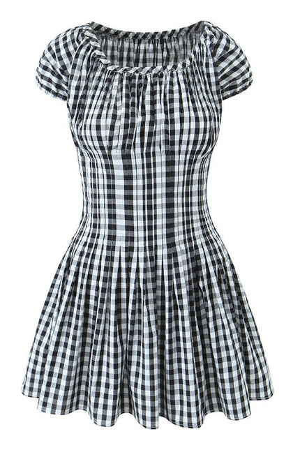 Crew Neck Short Sleeve Black White Color Plaid Print Hot Sale Casual Fashion Mini Dress for Women