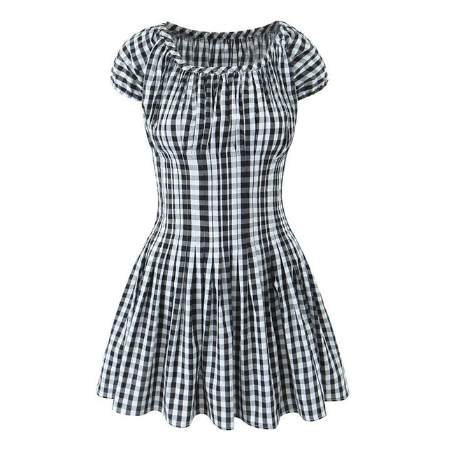 Crew Neck Short Sleeve Black White Color Plaid Print Hot Sale Casual Fashion Mini Dress for Women