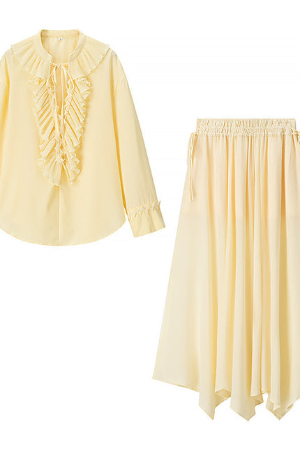 Crew Neck Front Ruffle Long Sleeve Blouse Yellow Color Long Skirt Causal Fashion Women 2 Piece Set