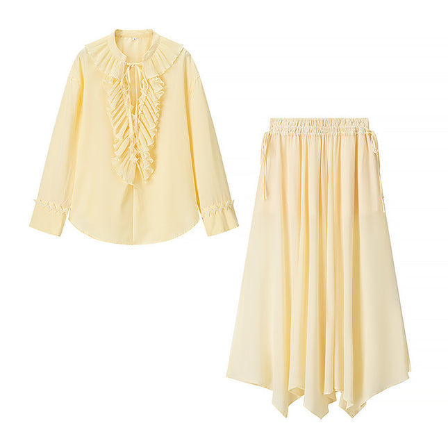 Crew Neck Front Ruffle Long Sleeve Blouse Yellow Color Long Skirt Causal Fashion Women 2 Piece Set