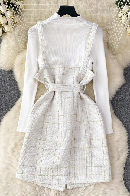 Women a Line Tweed Straps Dress Two-piece Bottoming Sweater Female Knitted Dress Set