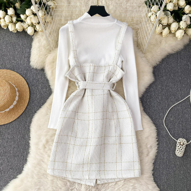 Women a Line Tweed Straps Dress Two-piece Bottoming Sweater Female Knitted Dress Set