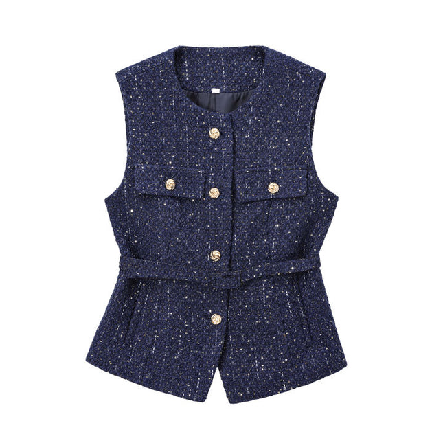 Crew Neck Buttons up Sashes Blue Color Casual Fashion Vest Waistcoat for Women