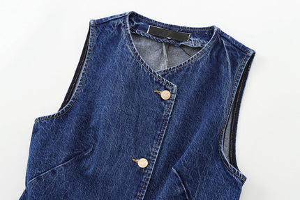 V Neck Denim Blue Color Buttons up Hot Sale Casual Fashion Vest Waistcoat for Women
