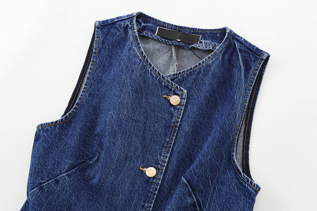 V Neck Denim Blue Color Buttons up Hot Sale Casual Fashion Vest Waistcoat for Women