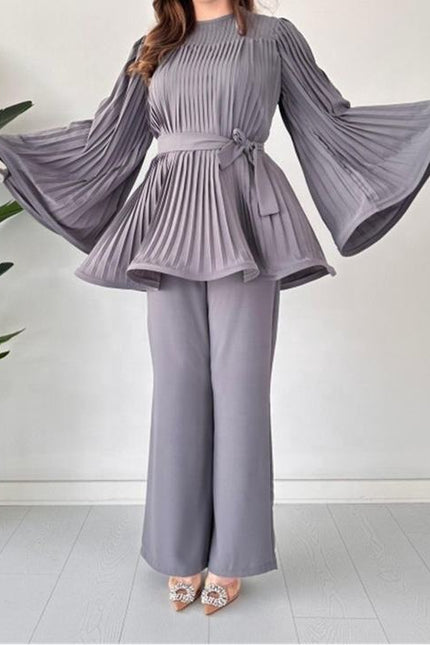 Hot Sale Women'S Suit New Fashion Tie Pleated Loose Top Wide Leg Trousers Two 2 Piece Pants Set Women Clothing