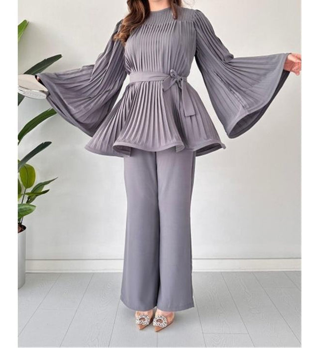 Hot Sale Women'S Suit New Fashion Tie Pleated Loose Top Wide Leg Trousers Two 2 Piece Pants Set Women Clothing