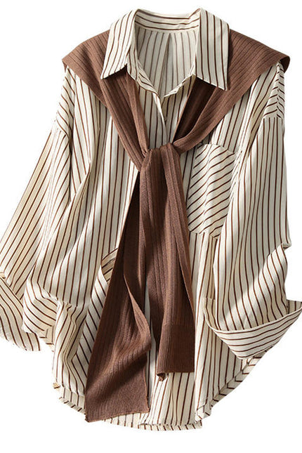 Shawl Stripe Shirt Women's Two-piece Topfashionable Autumn Lapel Long Sleeve Loose Shirts