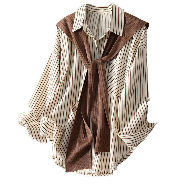 Shawl Stripe Shirt Women's Two-piece Topfashionable Autumn Lapel Long Sleeve Loose Shirts