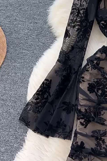French Vintage Elegant Dresses Women Premium Pleated Slim Split Lace Ruffle Long Dresses