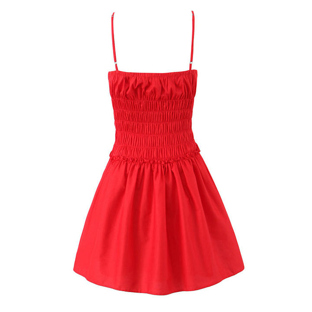 Spaghetti Strap Red Color Smocked Front Lace up Casual Fashion Summer Mini Cotton slip Dress for Women